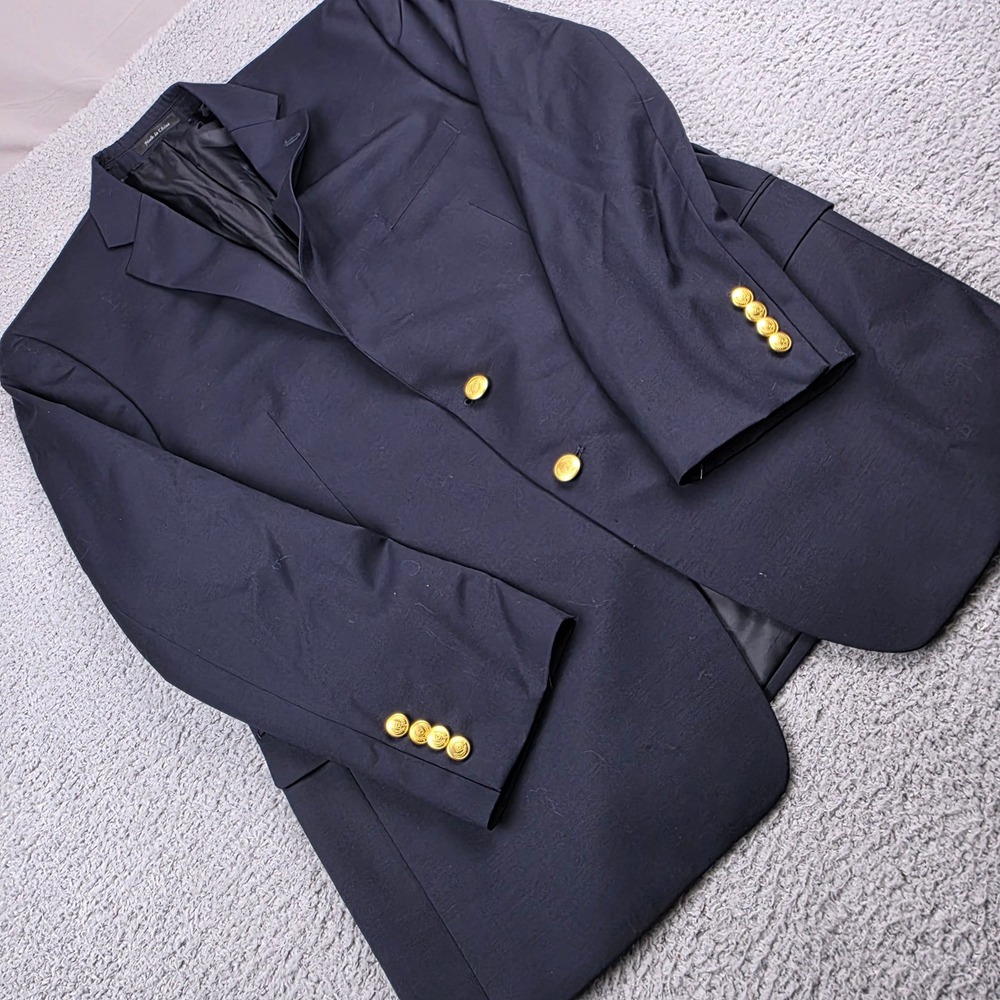 Chaps Mens Navy Blue Wool Blend 2 Button Blazer Sport Coat Gold Buttons 46R